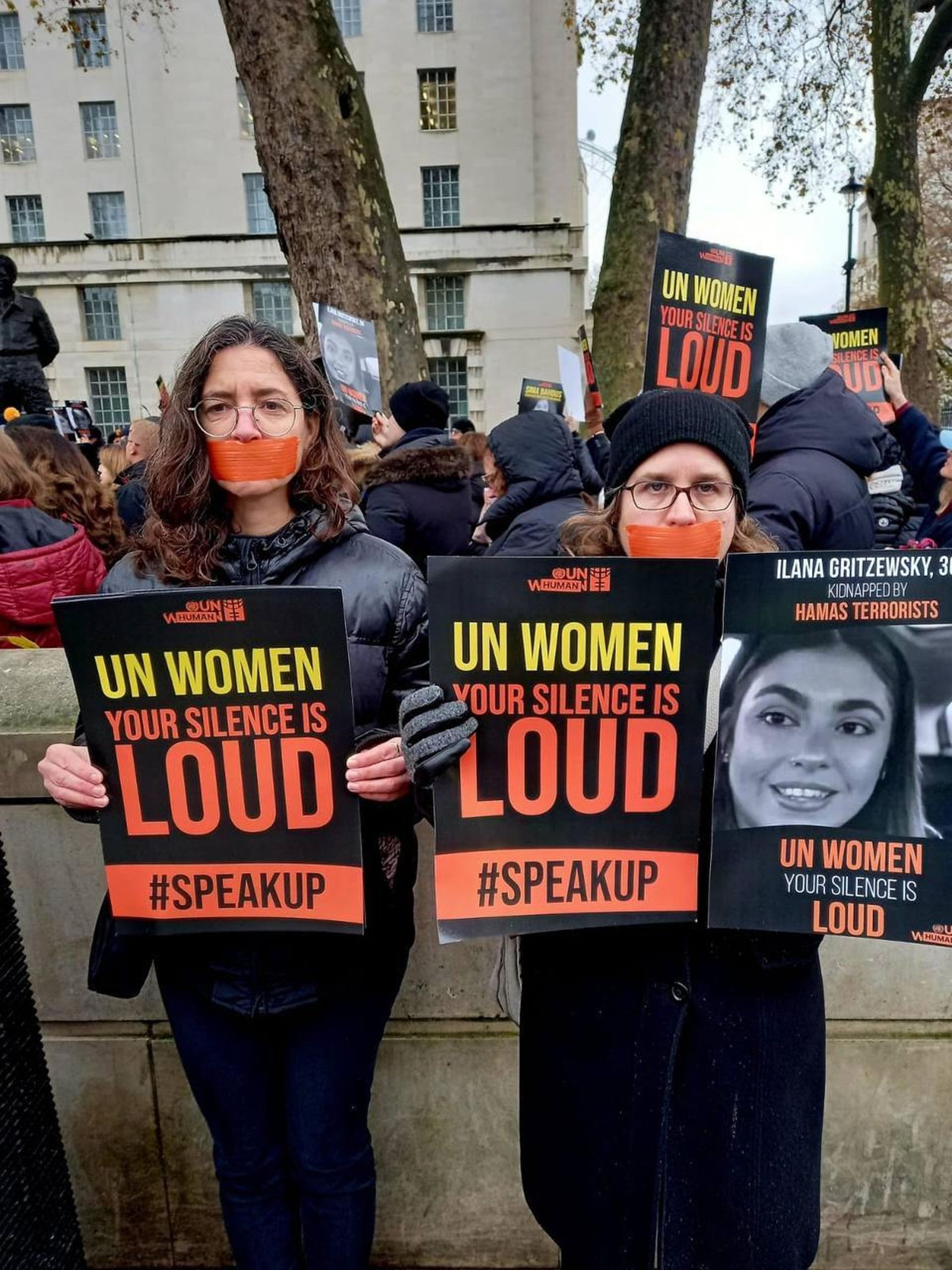 A protest in London against the silencing of violence committed by Hamas terrorists against Israeli women, December 2023