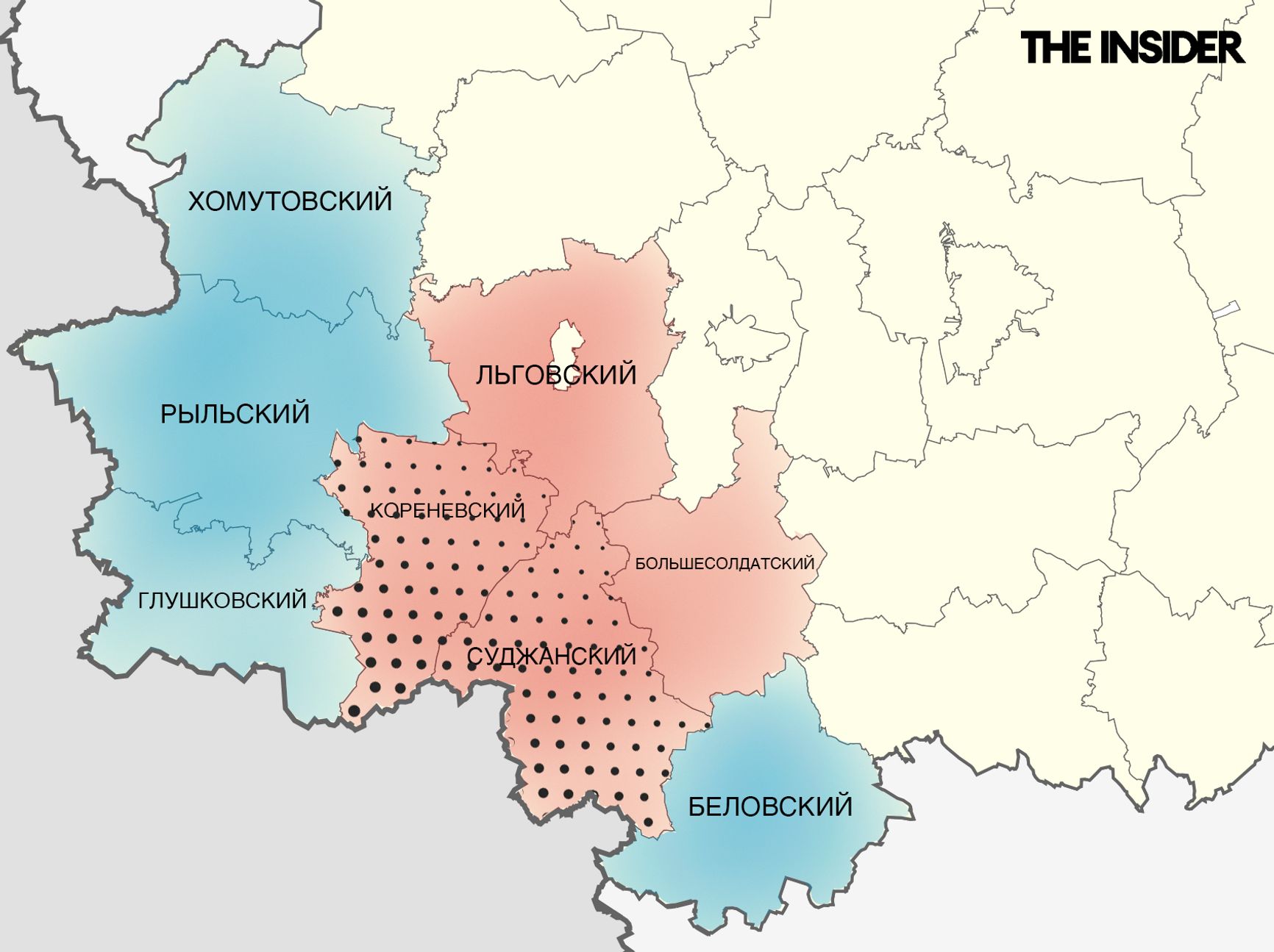 Синий — приграничные районы, красный — районы, где идут бои. Заштриховано пересечение